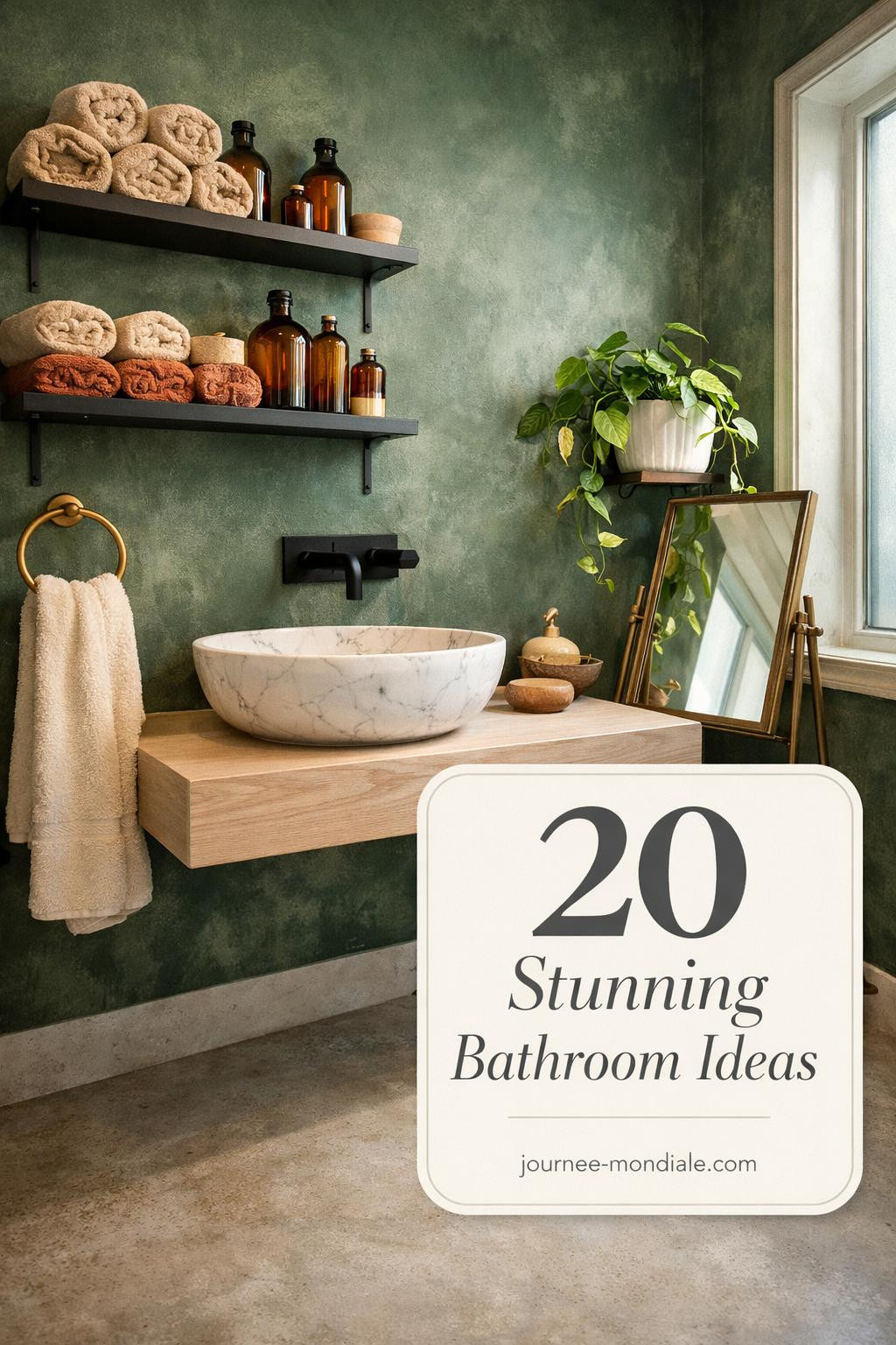 Sophisticated apartment bathroom featuring white marble vessel sink on floating ash vanity, forest green limewash wall, brass mirror, and industrial black shelves with amber apothecary bottles