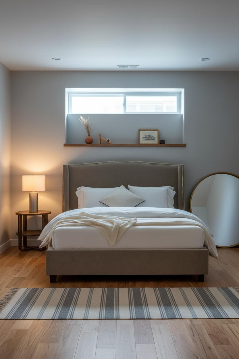 Basement Guest Bedroom Floating Shelf Window