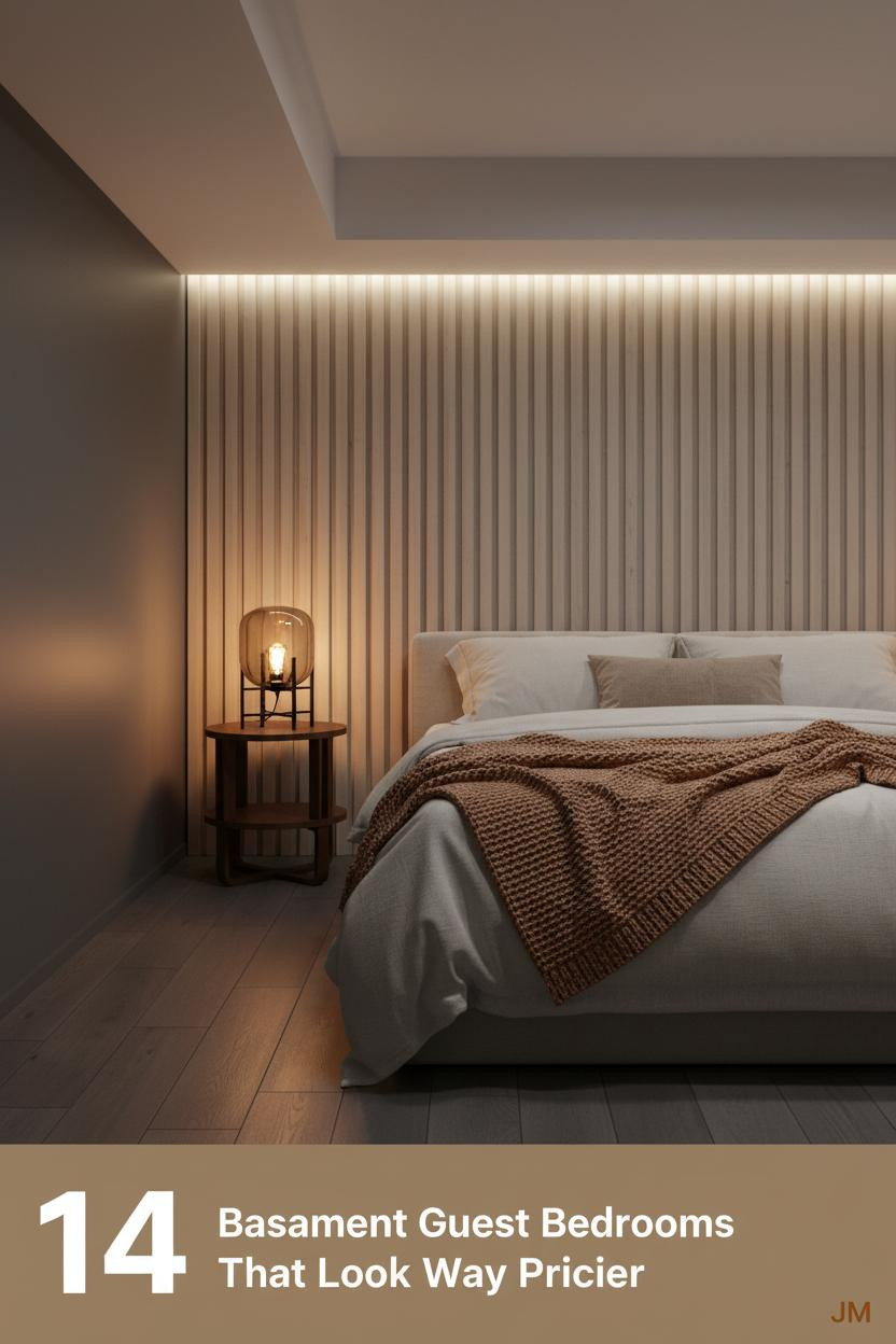 Compact basement guest bedroom with pale birch slatted accent wall, stone-grey walls, dark walnut floors, cream linen duvet, and warm amber lighting