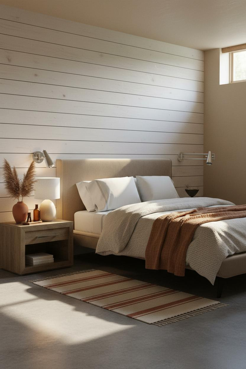 Basement Guest Bedroom Whitewashed Accent Wall