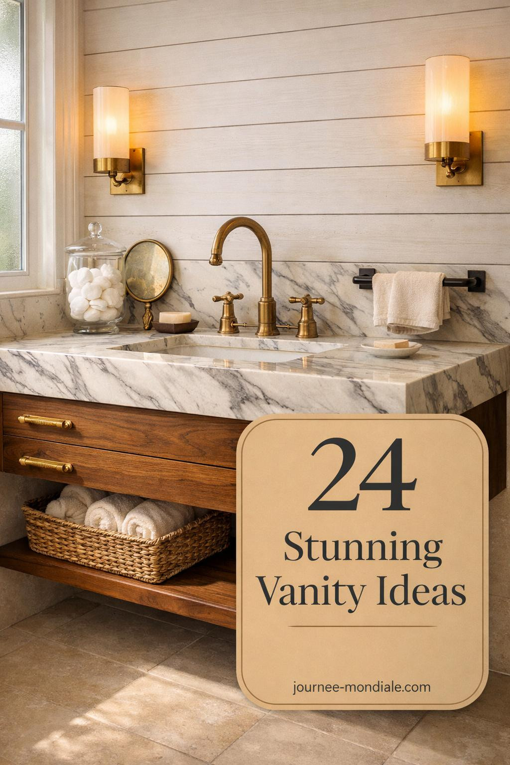 Floating walnut vanity with marble countertop, brass fixtures, shiplap walls, and natural morning light in elegant bathroom