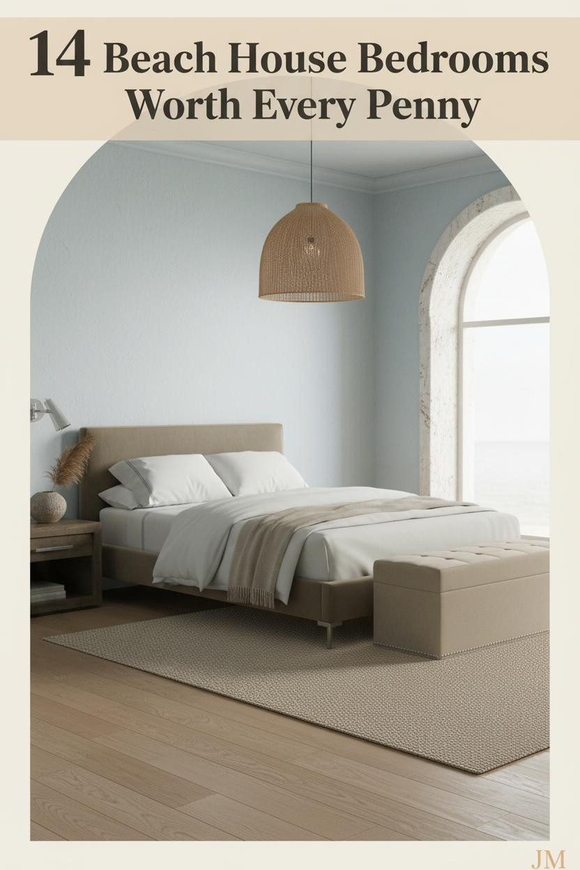 Coastal bedroom with driftwood blue limewash walls, whitewashed arched stone window, bleached oak floors, rattan pendant, and ivory percale bedding