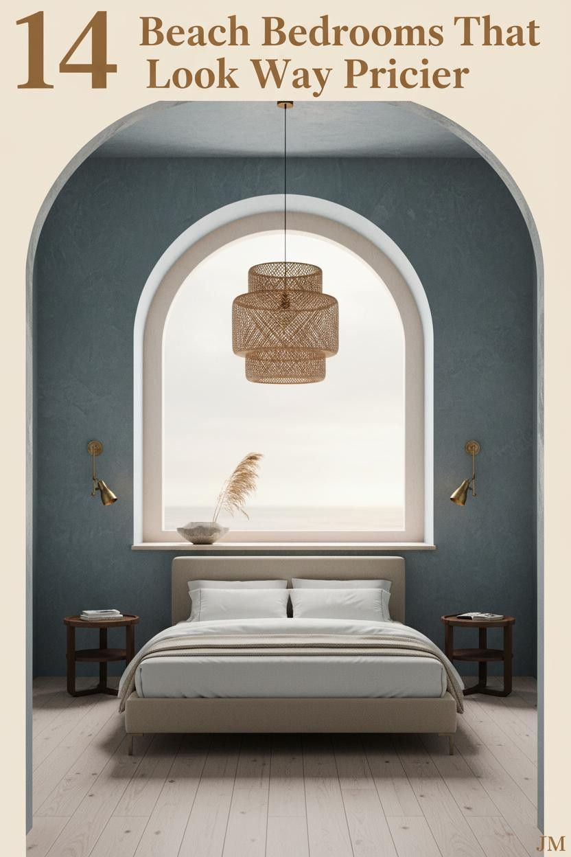 Coastal bedroom with driftwood-blue limewash walls, whitewashed stone arched window, bleached oak floors, ivory percale bedding and rattan pendant light