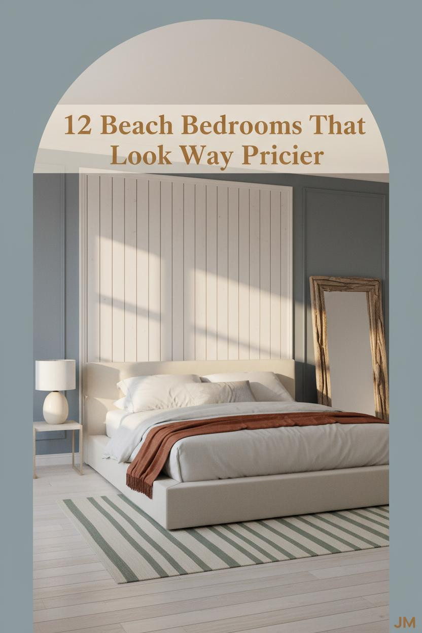 Coastal beach theme bedroom with whitewashed slatted timber wall, ivory linen bedding, rust throw, driftwood mirror, and warm lamp glow