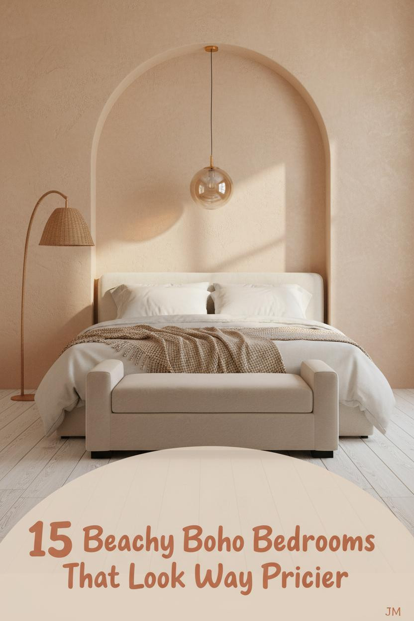 Coastal boho bedroom with sand plaster arched wall, bleached driftwood floors, ivory linen bedding, rattan lamp, and warm amber pendant light