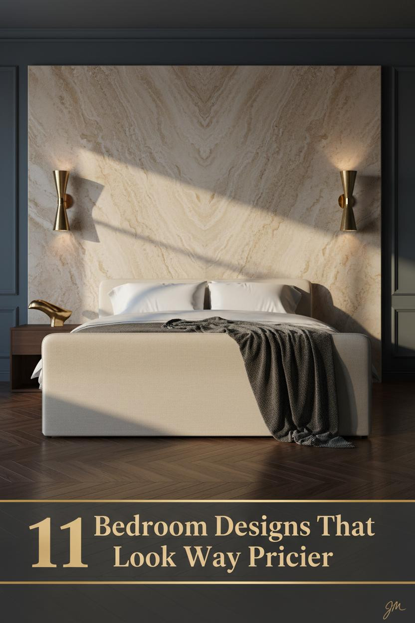 Deep slate master bedroom with travertine headboard wall, dark walnut herringbone floor, brass sconces, ivory sateen bedding, charcoal throw