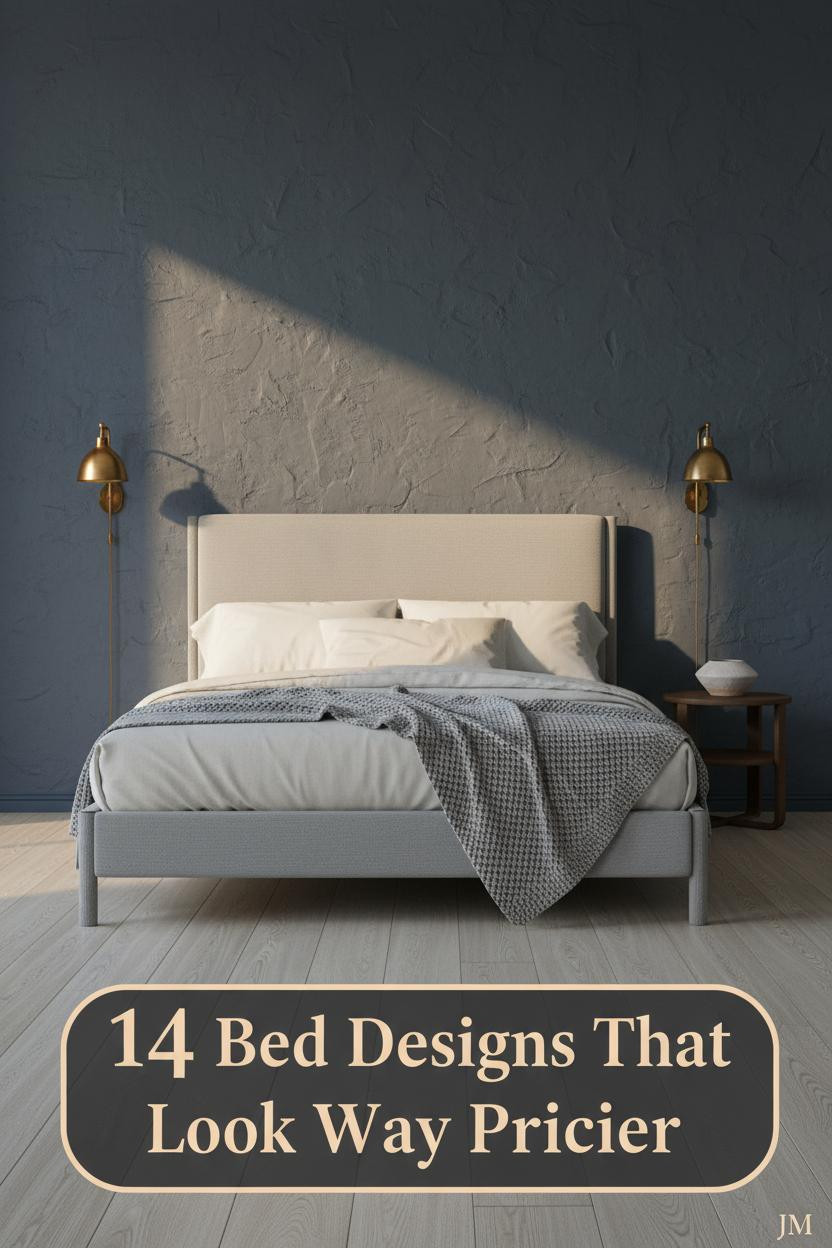 Slate blue-grey plaster wall bedroom with ivory linen bedding, stone wool throw, brass sconces, bleached oak floor, and ceramic nightstand vessel