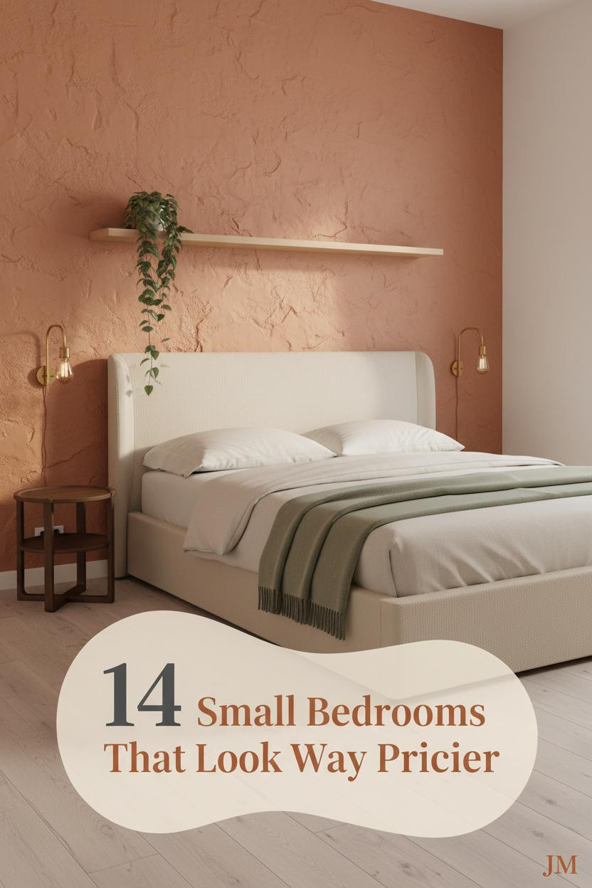 Compact small bedroom with warm clay plaster accent wall, pale pine floors, cream linen bedding, sage throw, and brass wall sconce lighting