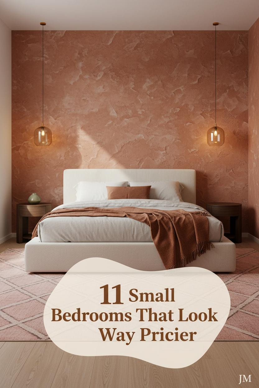 Compact women's bedroom with terracotta plaster headboard wall, blush Moroccan rug, cream linen bedding, rust throw, and warm amber sconce lighting