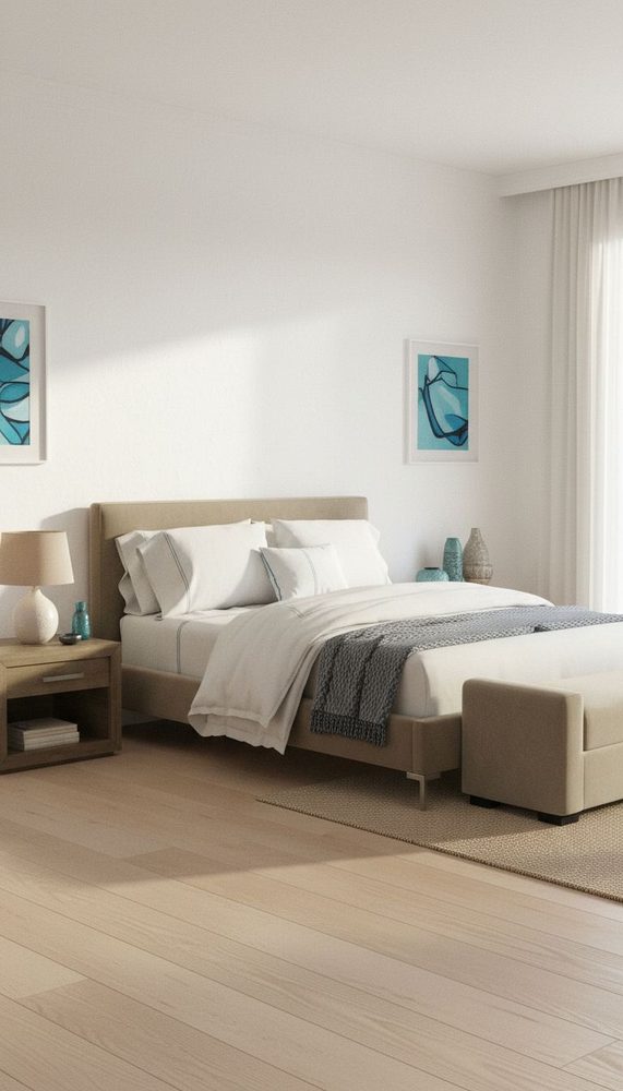 Beige upholstered bed with white linens, wood flooring, matching bench, teal accents