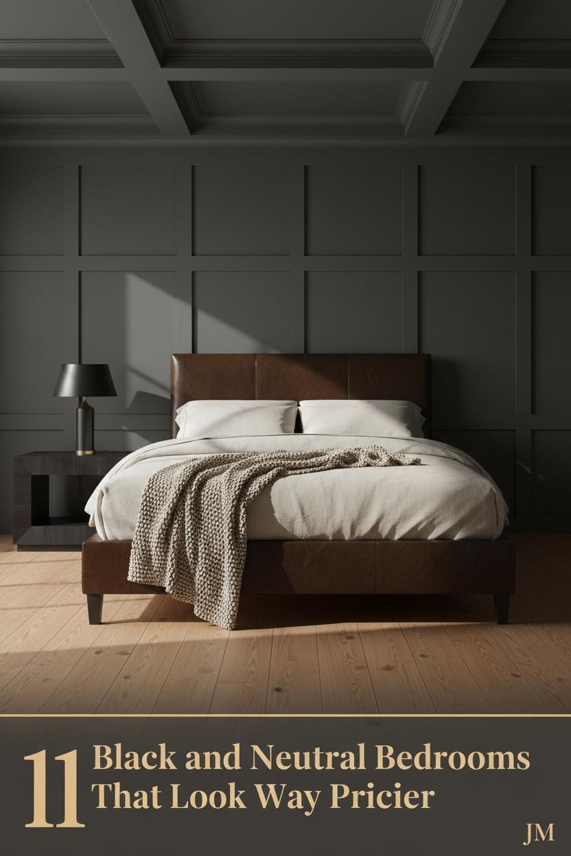 Low-profile bed against charcoal board-and-batten wall, ivory linen bedding, boucle throw, matte black lamp on Atlas nightstand, honey maple floors