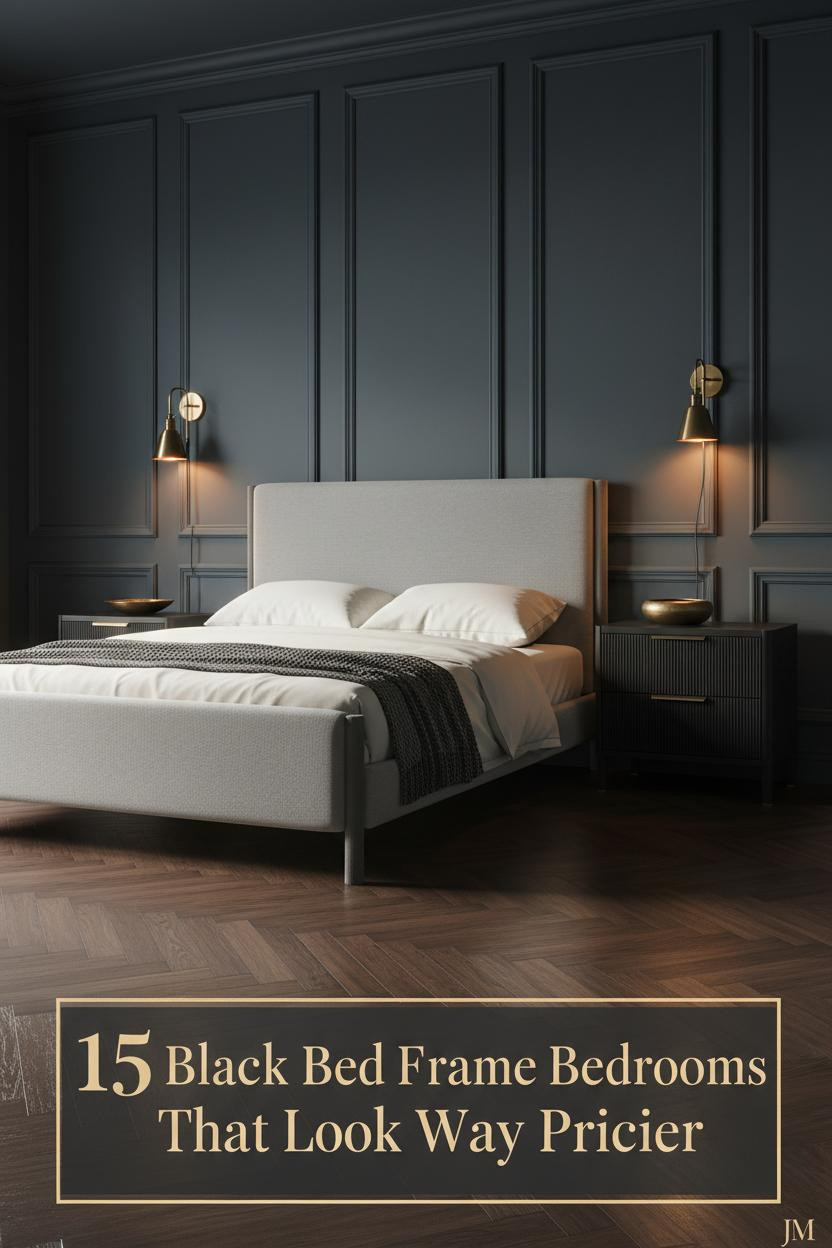 Slate accent wall bedroom with black bed frame, ivory percale bedding, charcoal throw, brass sconces, and dark walnut herringbone floor