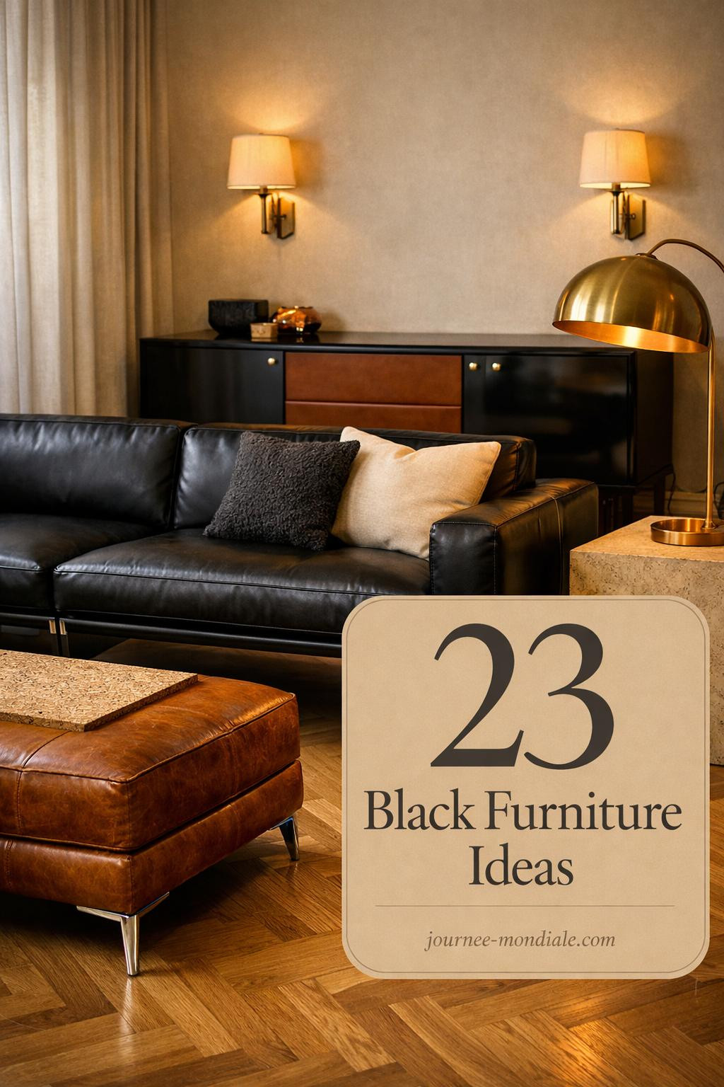Sophisticated living room featuring black leather sectional, black lacquered credenza with brass hardware, honey oak herringbone floors, cognac leather accents, and warm ambient lighting