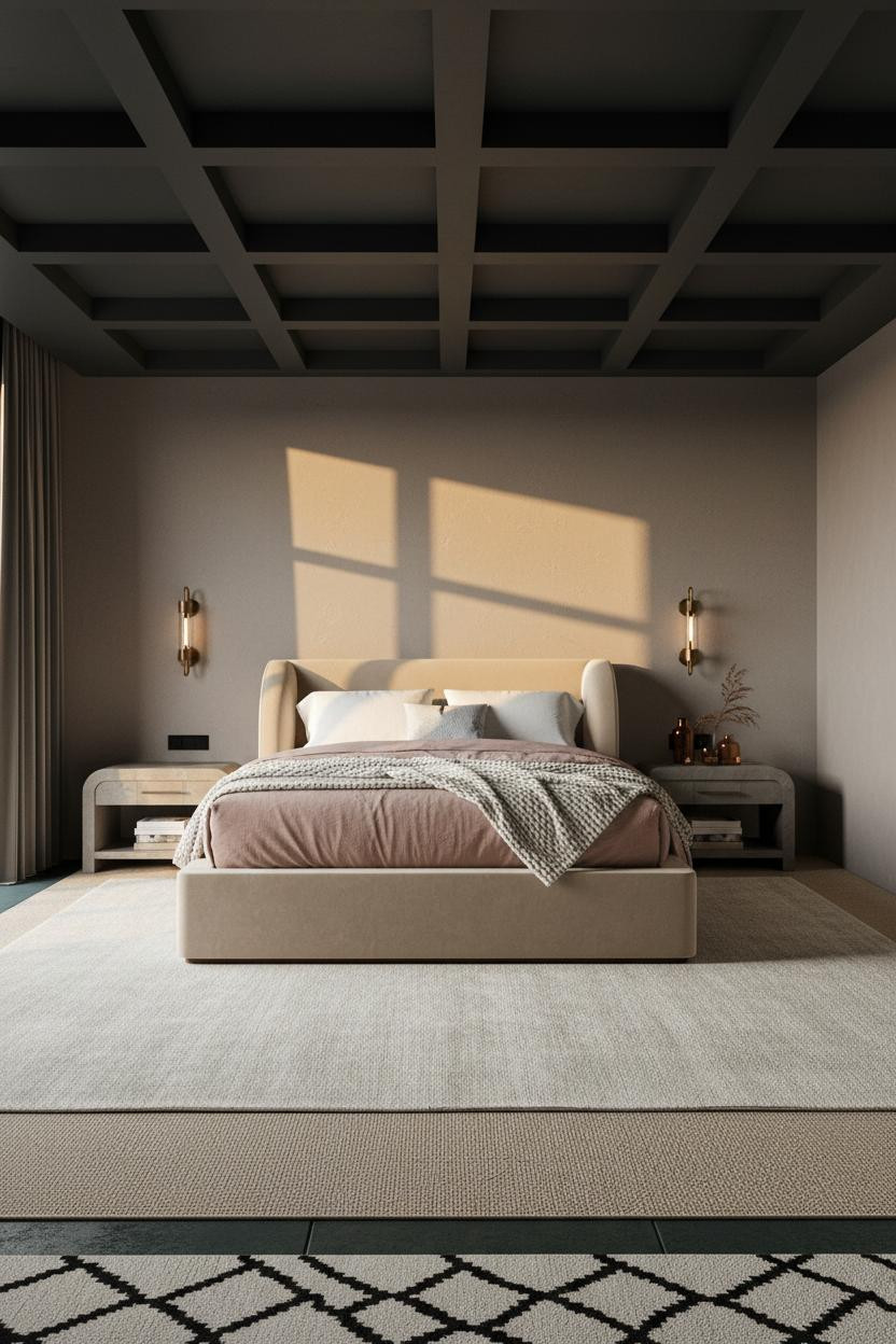 Black Neutral Bedroom Coffered Ceiling Modern