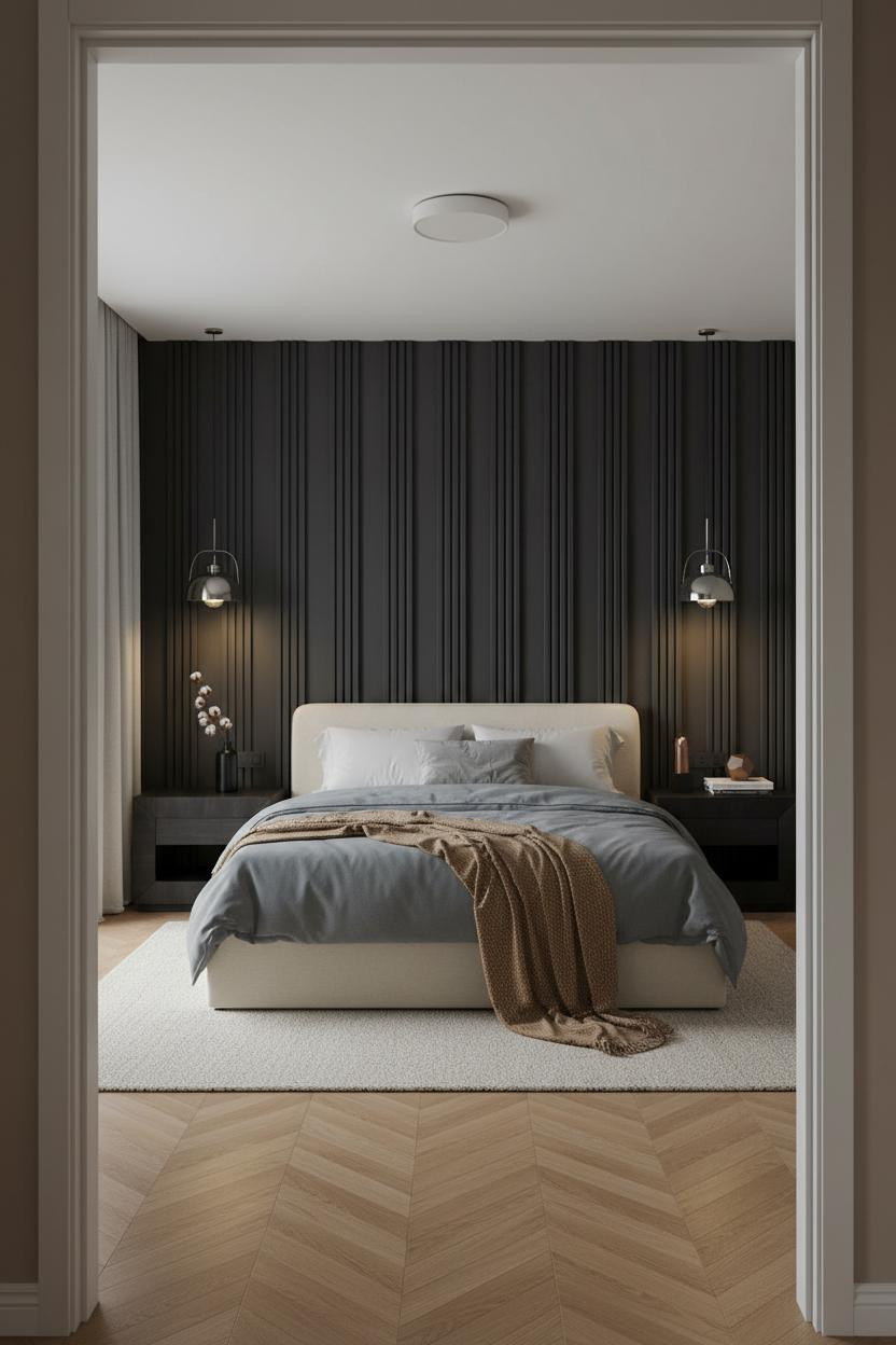 Black Neutral Bedroom Fluted Accent Wall