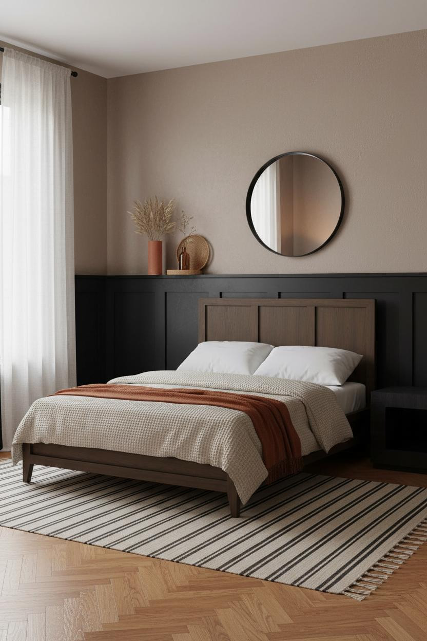 Black Neutral Bedroom Wainscoting Design