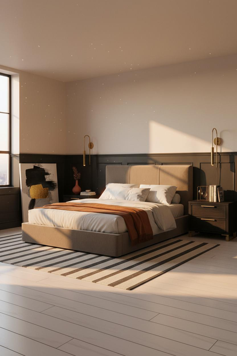 Black Neutral Bedroom Wainscoting Design