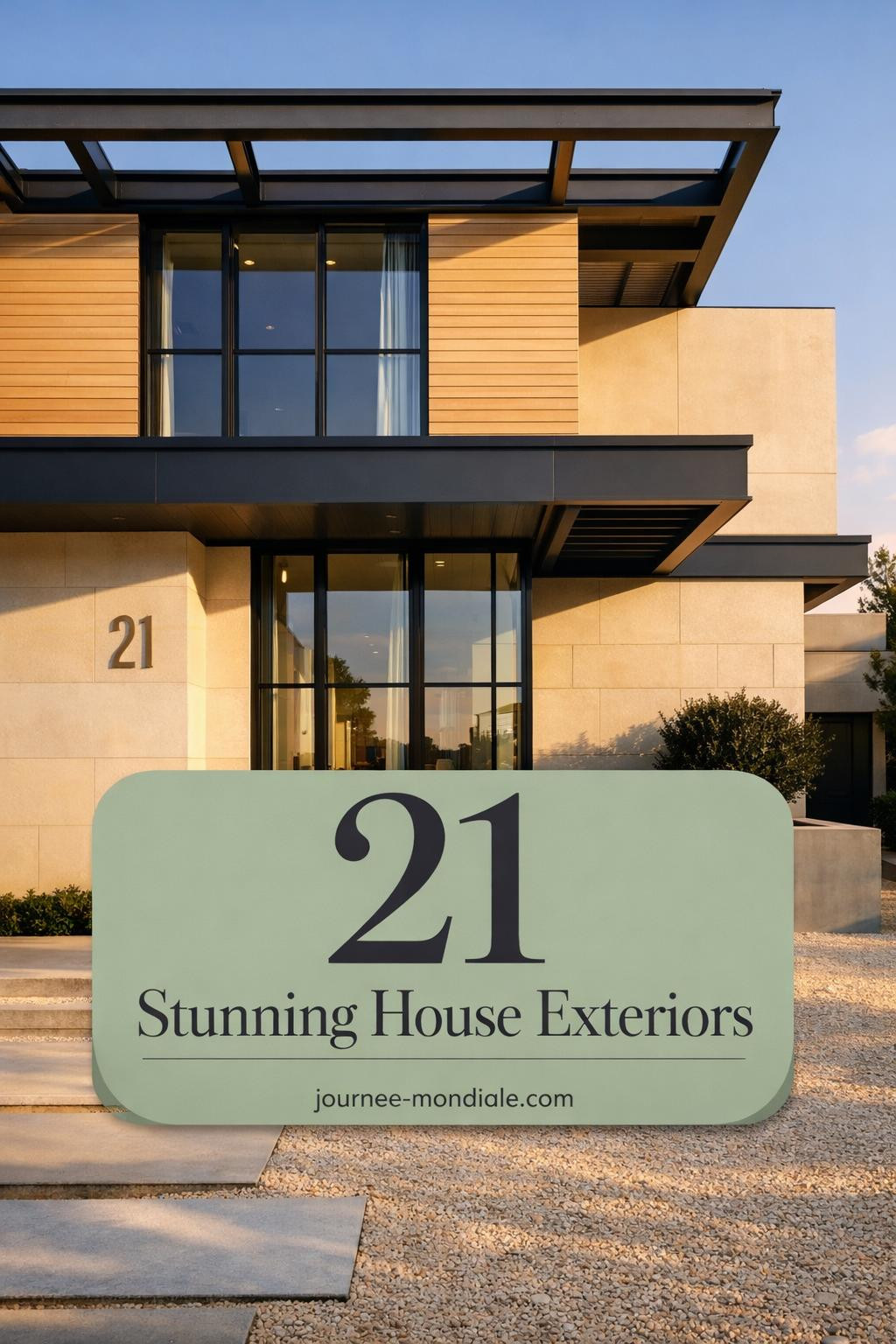 Modern two-story house exterior with cream render, charcoal metal panels, floor-to-ceiling black windows, white oak siding, limestone base, crushed travertine forecourt