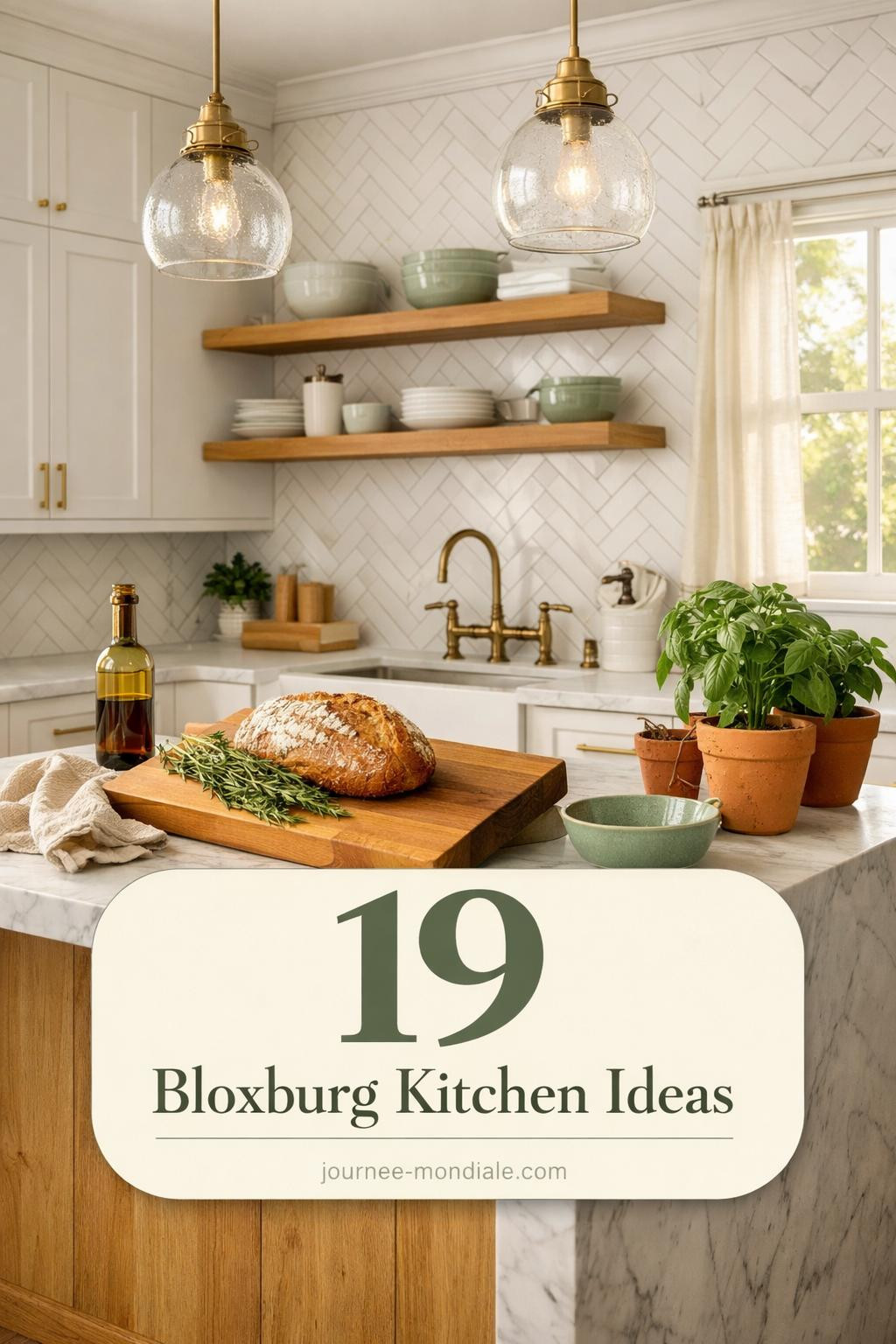 Modern cottage kitchen featuring white shaker cabinets, Carrara marble waterfall island, brass pendant lights, herringbone subway tile backsplash, honey oak shelves with fresh herbs and ceramic bowls