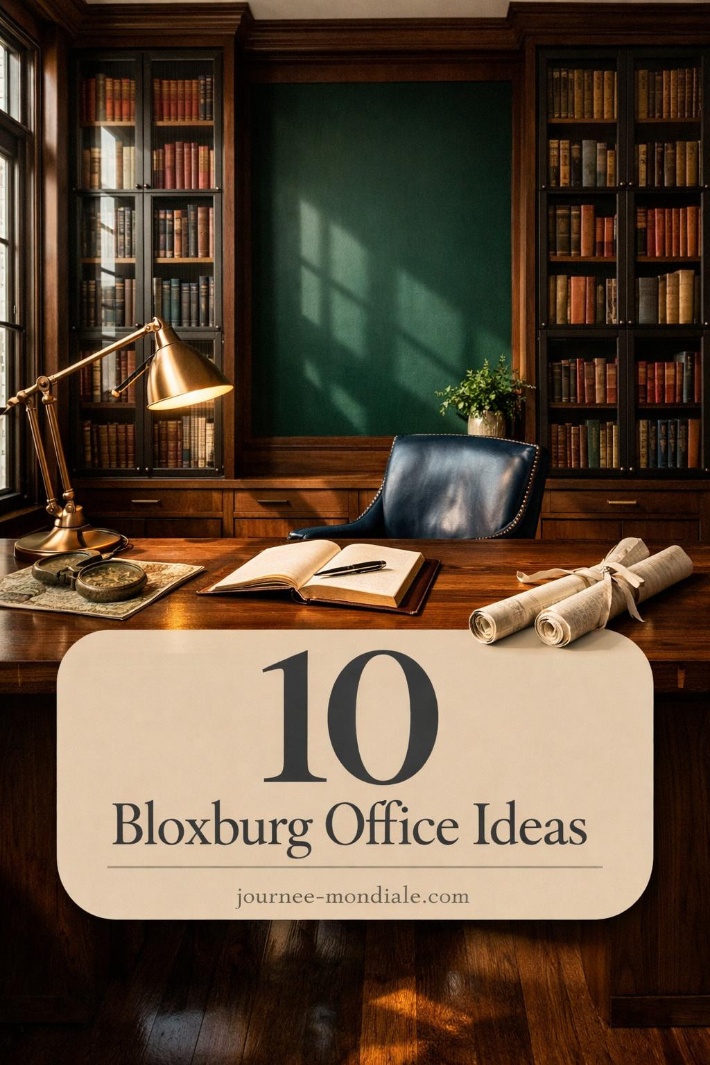 Sophisticated home office featuring floor-to-ceiling dark walnut built-in library, blackened steel glass cabinets, navy leather chair, brass architect lamp, emerald accent wall