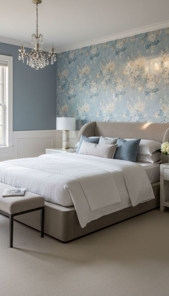 Blue floral wallpaper bedroom with cream upholstered bed white wainscoting crystal chandelier
