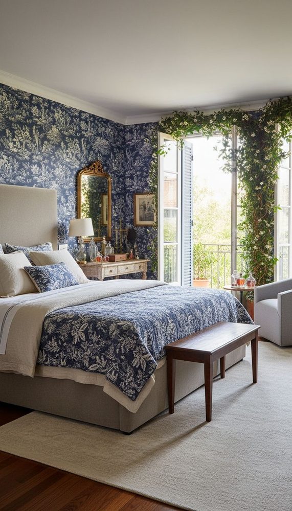 Blue toile wallpaper bedroom with cream upholstered bed and ivy-covered French doors