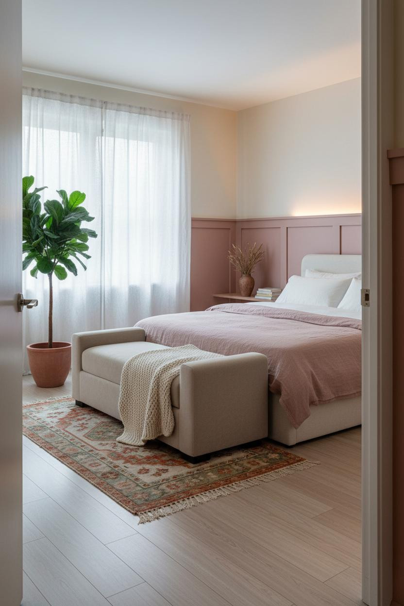 Boho Couple Bedroom Dusty Rose Wainscoting
