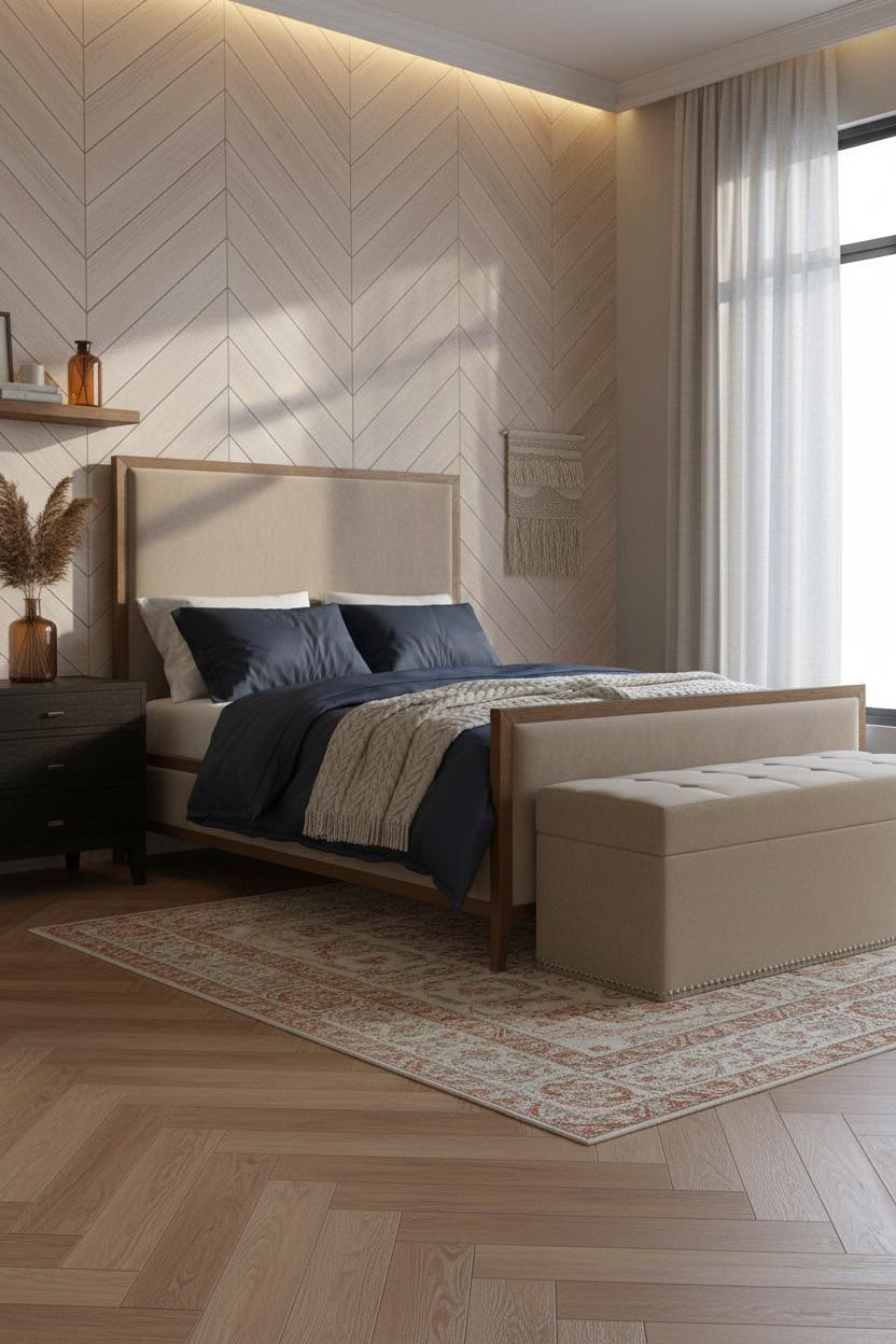 Boho Farmhouse Bedroom Herringbone Wall