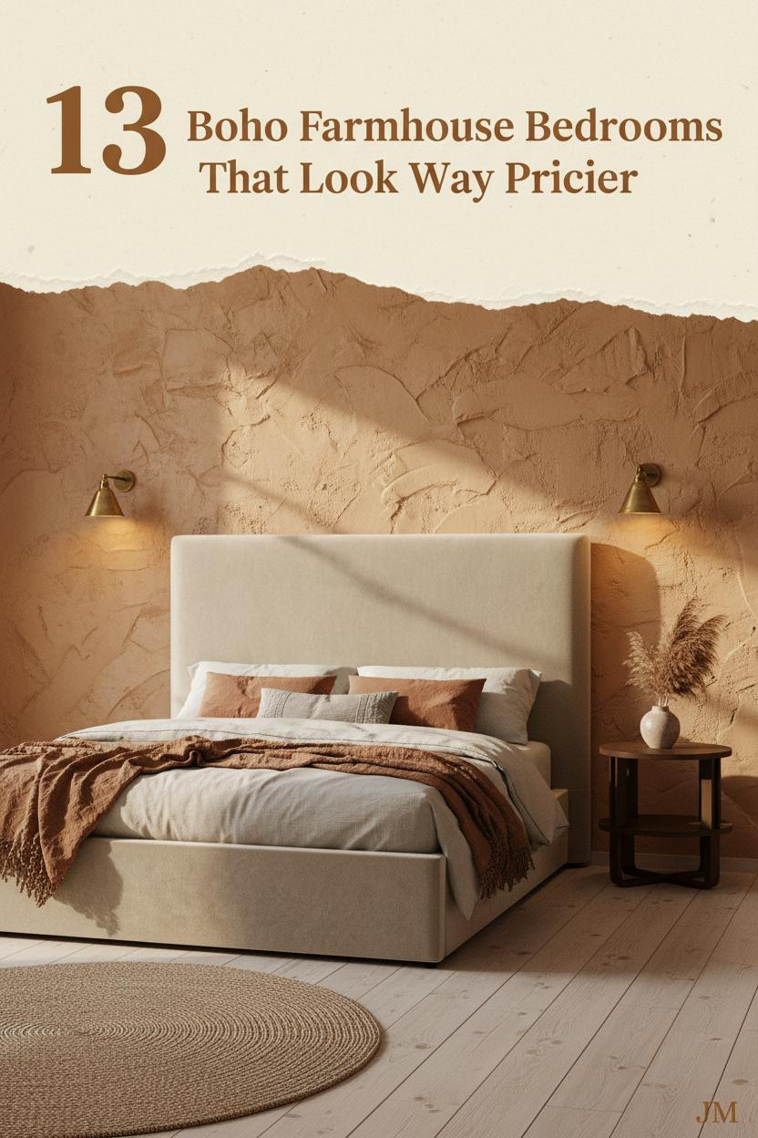 Boho farmhouse bedroom with ochre plaster accent wall, layered ivory and rust linen bedding, jute rug, and warm amber sconce lighting