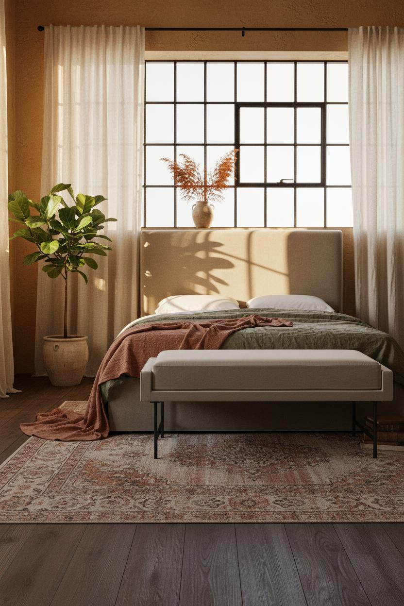 Boho Farmhouse Bedroom Ochre Plaster Windows