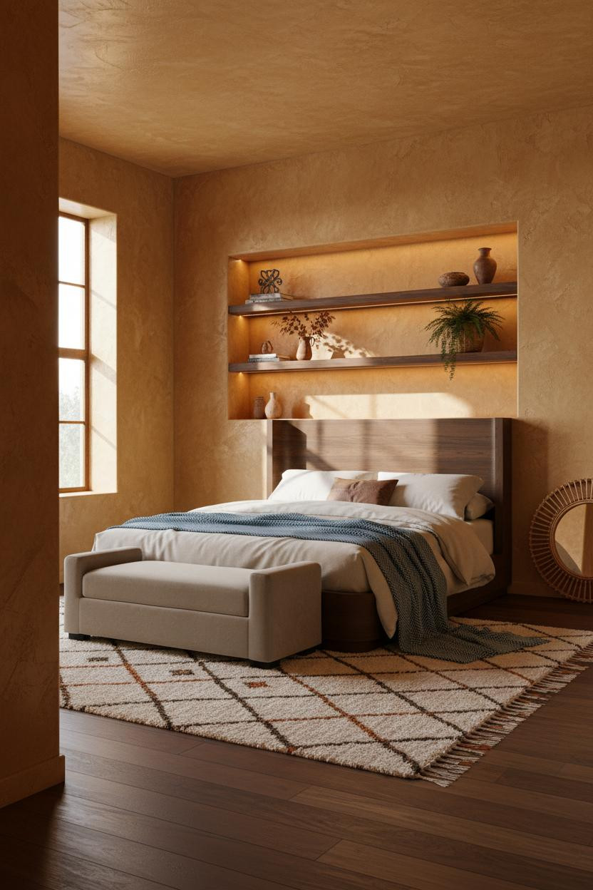 Boho Farmhouse Bedroom Walnut Shelving