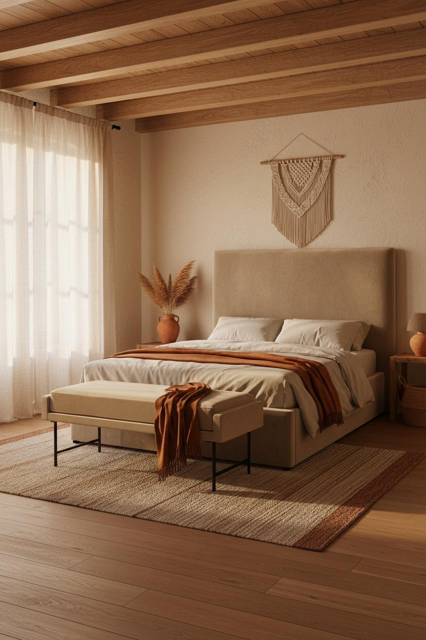 Boho Farmhouse Bedroom Warm Wood Beams