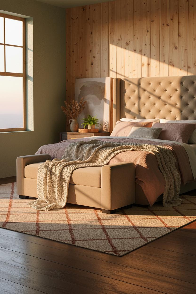 Boho Farmhouse Bedroom Warm Wood Paneling