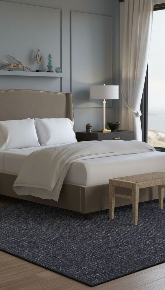 Neutral bedroom with taupe upholstered bed brass table lamp white curtains and textured area rug