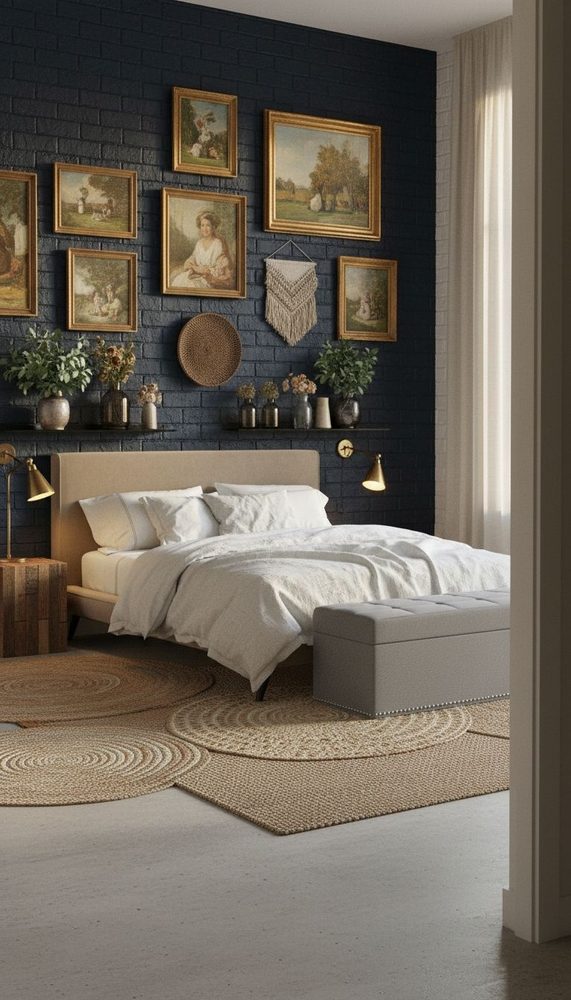 Navy brick accent wall with gold-framed artwork above neutral upholstered bed with brass wall sconces