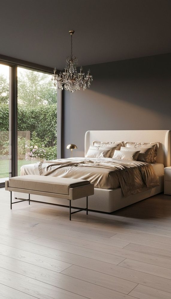 Modern bedroom with grey walls, cream upholstered bed, brown bedding, crystal chandelier, and garden view windows