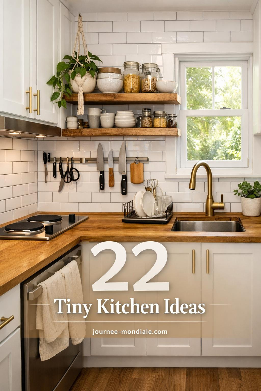 Compact galley kitchen featuring white shaker cabinets, butcher block countertops, subway tile backsplash, floating wood shelves, brass hardware, and pothos plant greenery