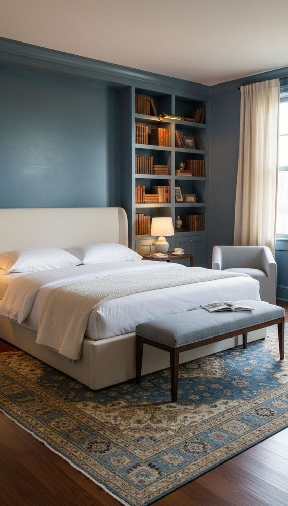 Blue bedroom with matching built-in bookshelves, white upholstered bed, and patterned area rug