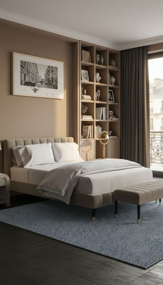 Bedroom with built-in wood shelving behind bed, taupe walls, grey bedding, blue textured rug