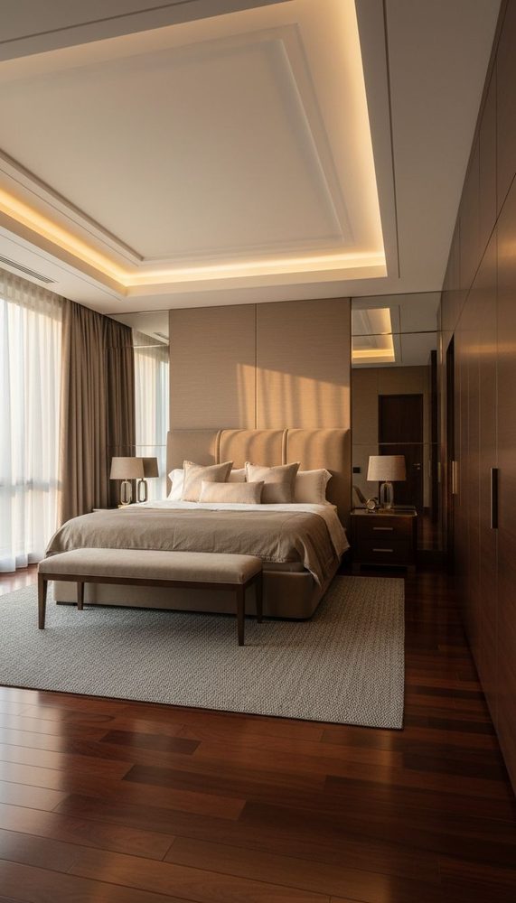 Modern bedroom with taupe upholstered headboard mirrored panels recessed ceiling lighting warm wood floors