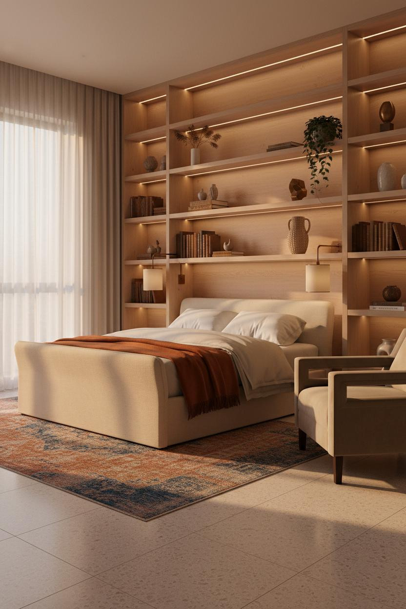 Classy Bedroom Oak Shelving Feminine