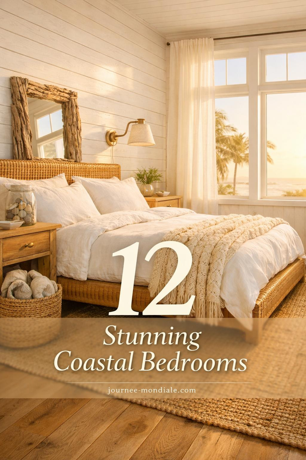 Sun-drenched coastal bedroom with rattan bed, white linen bedding, shiplap walls, jute rug, driftwood mirror, brass sconce