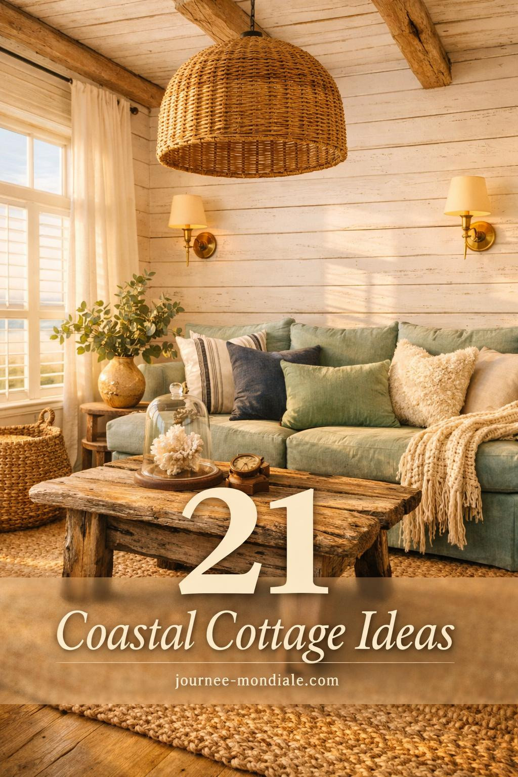 Sun-drenched coastal living room featuring seafoam linen sofa, reclaimed driftwood coffee table, jute rug, shiplap walls, rattan pendant light, and brass accents with natural textures