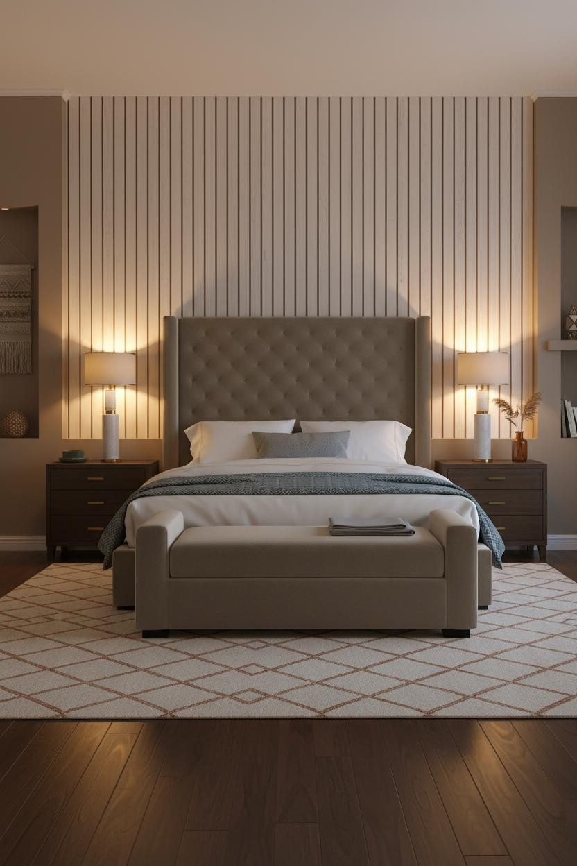 Coastal Modern Couple Bedroom Slatted Walls