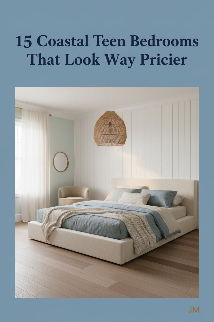 Coastal teen bedroom with whitewashed board-and-batten, pale aqua walls, linen bedding, rattan pendant, and driftwood plank flooring in morning light