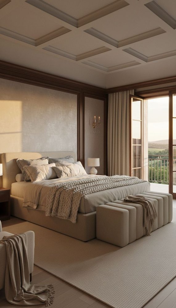 Neutral bedroom with coffered ceiling, wood trim, beige bed, and French doors to balcony