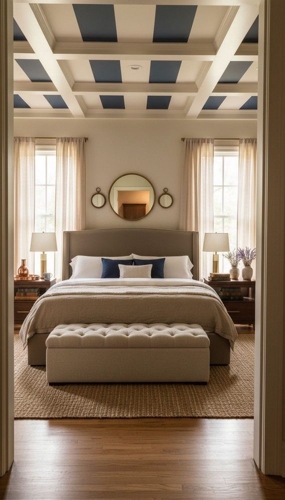 Bedroom with coffered ceiling painted navy and cream, neutral bedding, brass mirrors, natural light
