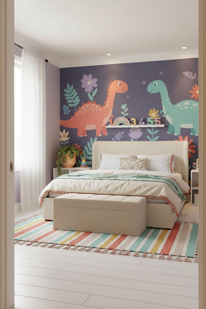 Colorful Kids Room Dinosaur Mural Bedroom