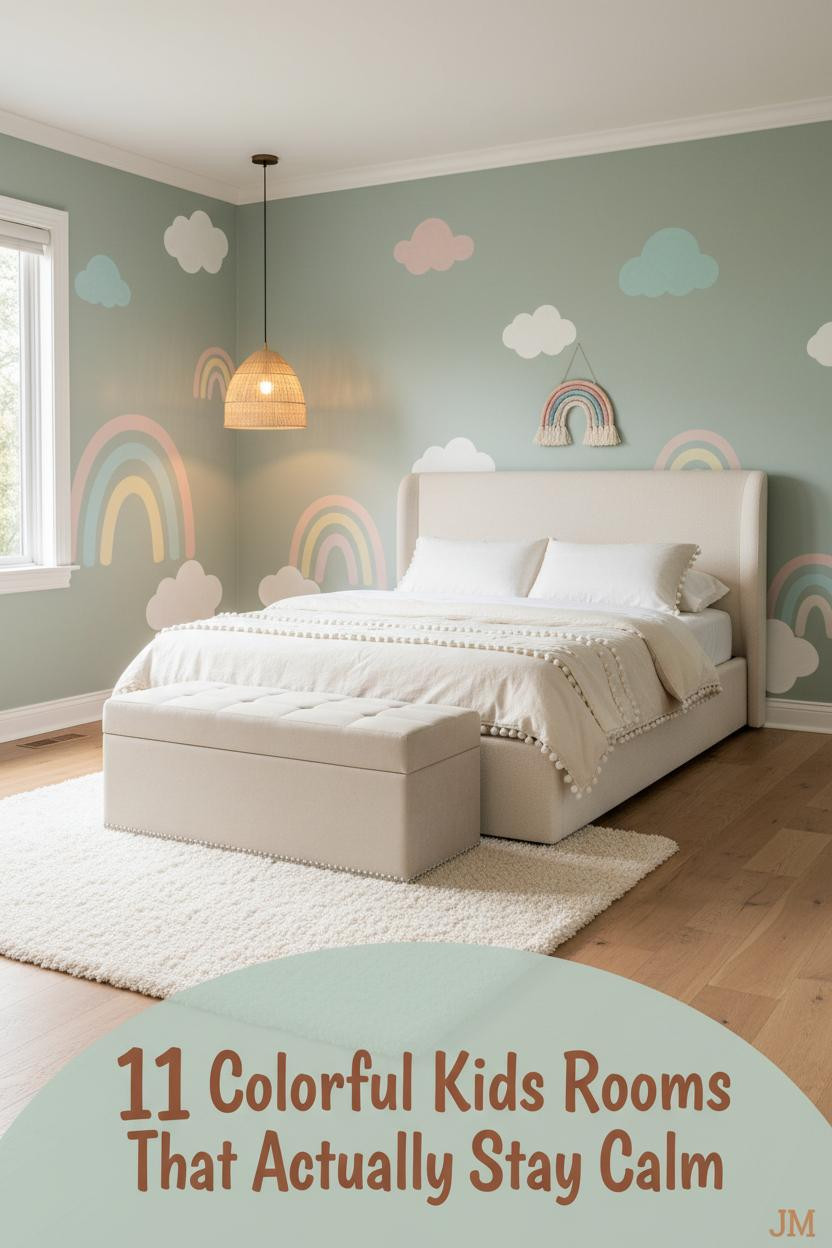 Sage green accent wall with rainbow cloud murals, cream pom-pom bedding, oak floors, and warm pendant light in a whimsical kids bedroom