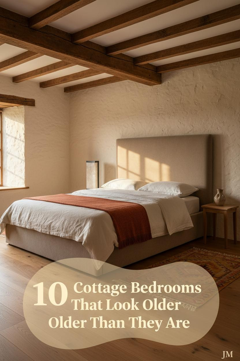 Warm cottage bedroom with aged lime-plaster walls, oak floors, ivory linen bedding, rust-red wool blanket, and kilim runner in amber light